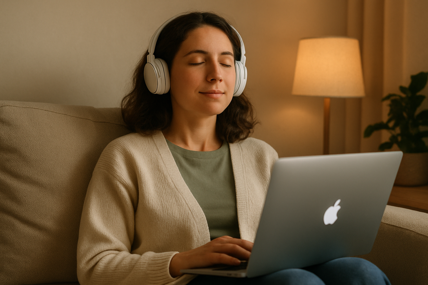 A serene woman sitting on a comfortable sofa, eyes peacefully closed while listening to music, with a MacBook Air open in front of her