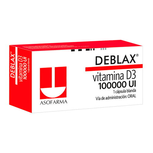 Caja de Deblax de Asofarma, vitamina D3 100,000 UI, 1 cápsula blanda
