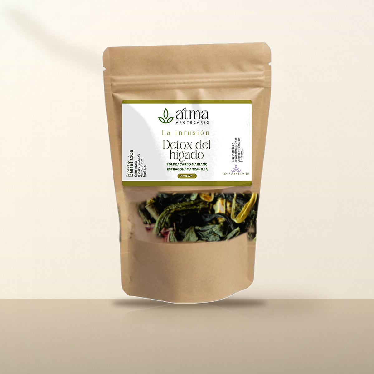 Infusión Detox del Hígado de ATMA Apotecario en bolsa kraft con ventana, hierbas a la vista — boldo, cardo mariano, estragón y manzanilla