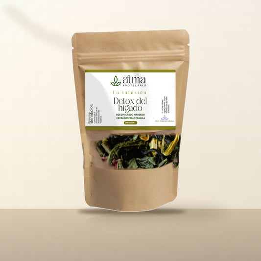 Infusión Detox del Hígado de ATMA Apotecario en bolsa kraft con ventana, hierbas a la vista — boldo, cardo mariano, estragón y manzanilla