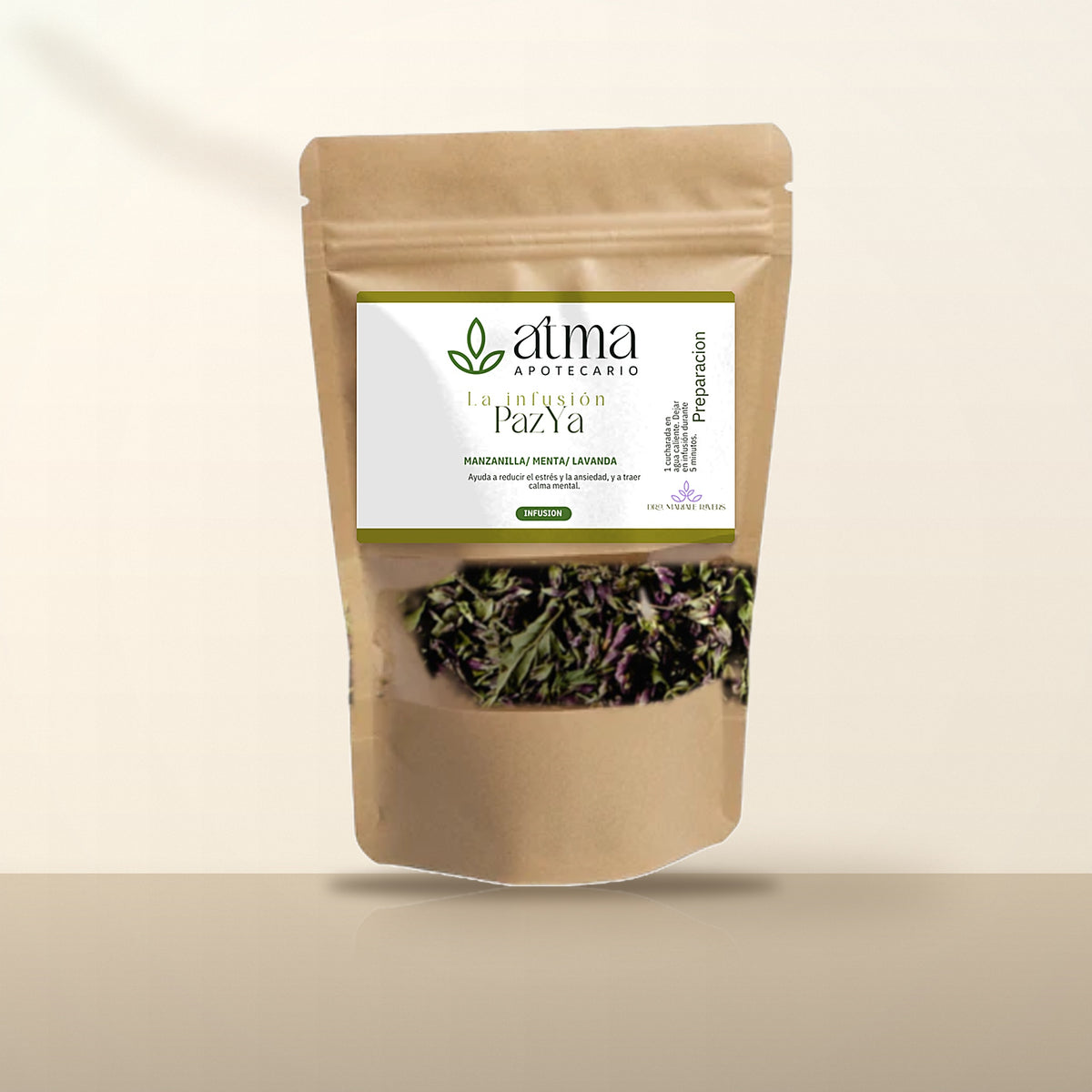 Infusión PazYa de ATMA Apotecario en bolsa kraft con ventana, hierbas a la vista — manzanilla, menta y lavanda