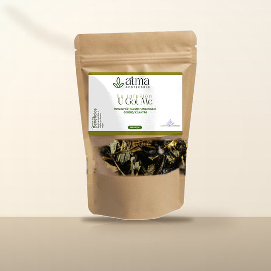 Infusión U Got Me de ATMA Apotecario en bolsa kraft con ventana, hierbas a la vista — hinojo, estragón, manzanilla, comino y cilantro